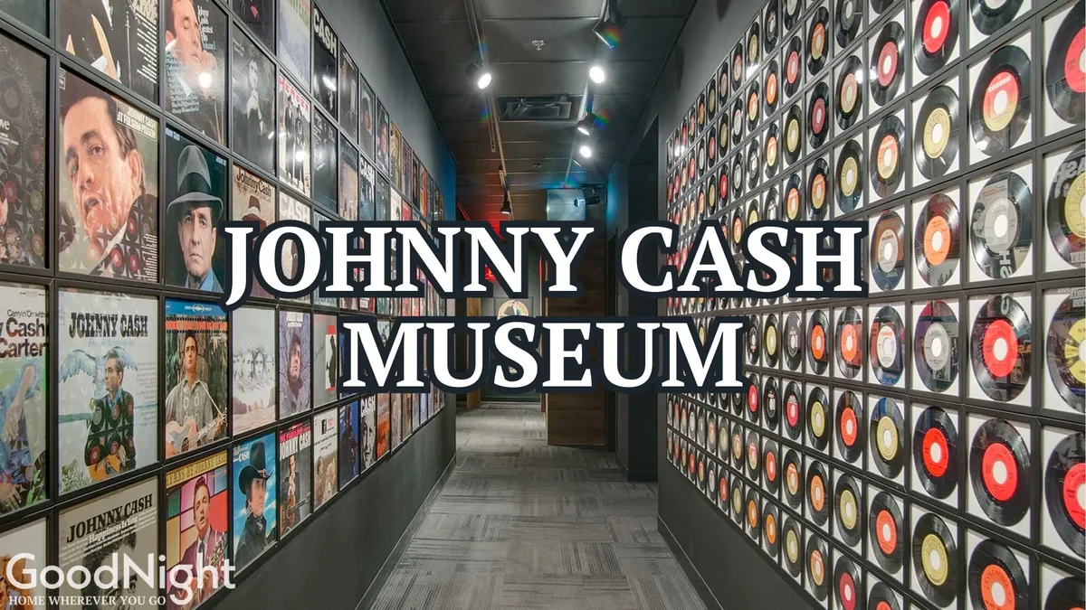 This interior image captures the walls decorated with records and album covers, along with prominent signage for the Johnny Cash Museum. Visitors are seen exploring interactive displays about Johnny Cash's influence on music, guided by informative tours that share anecdotes from his life.