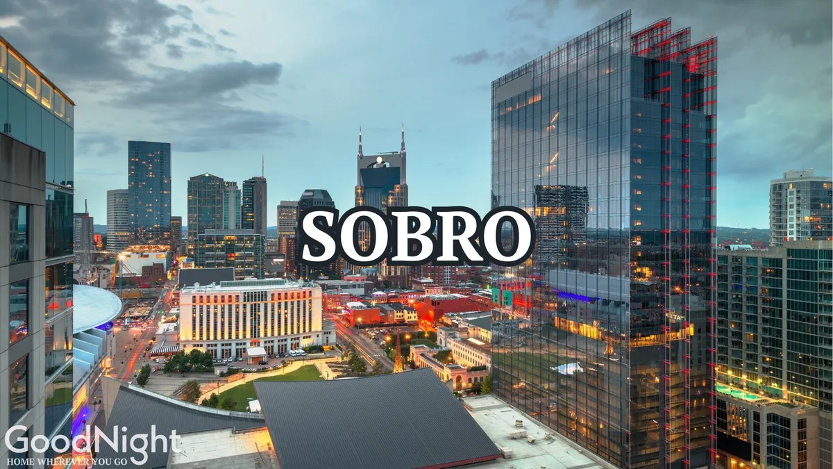 A nighttime city skyline featuring illuminated buildings and the bustling ambiance of Nashville’s nightlife. The image evokes the energy of evening outings, with lights hinting at rooftop bars and the allure of city adventures.