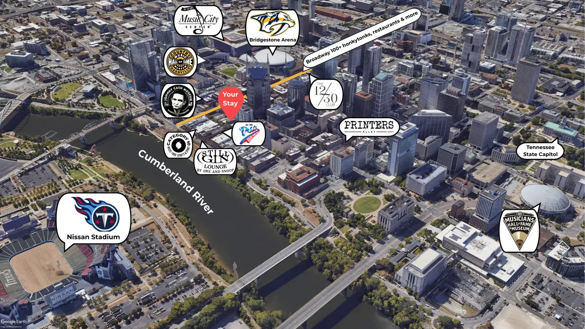 A sweeping cityscape showing the Cumberland River, Bridgestone Arena, Nissan Stadium, and bustling downtown buildings. The image conveys the excitement of attending concerts, sporting events, and exploring attractions along Broadway.